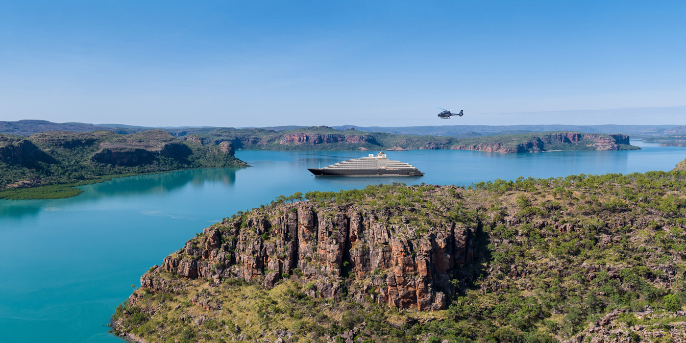 Helicopter and cruise ship in the Kimberley, Australia